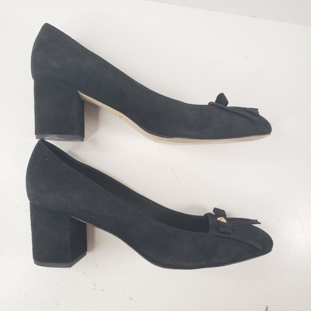 Kate Spade Kiltie Block Heel Pumps Sz 10 Black Suede Slip On Dressy Bow Heels - Picture 6 of 12